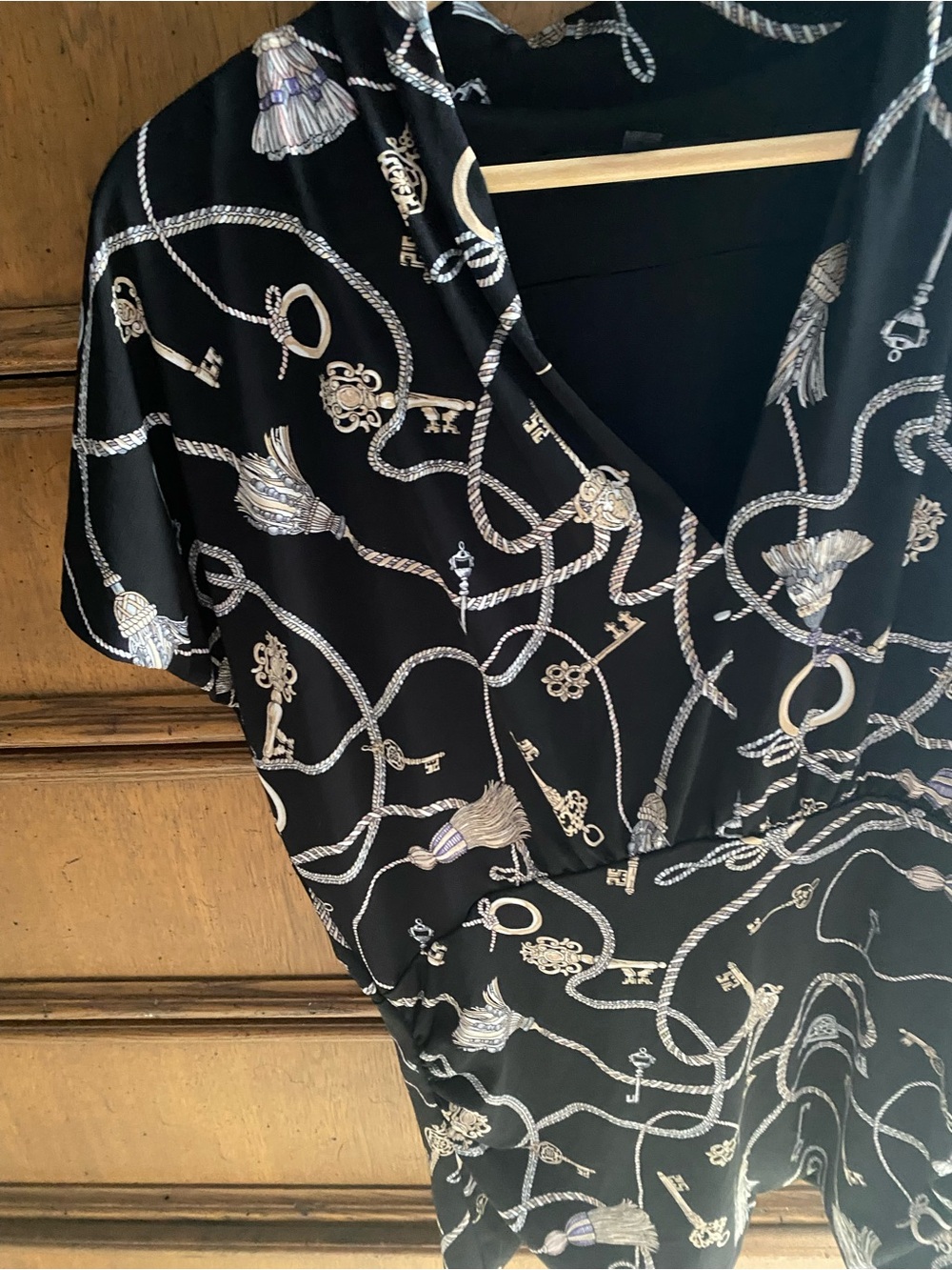 White House Black Market Black Blouse with Gold & Cream Chain Print